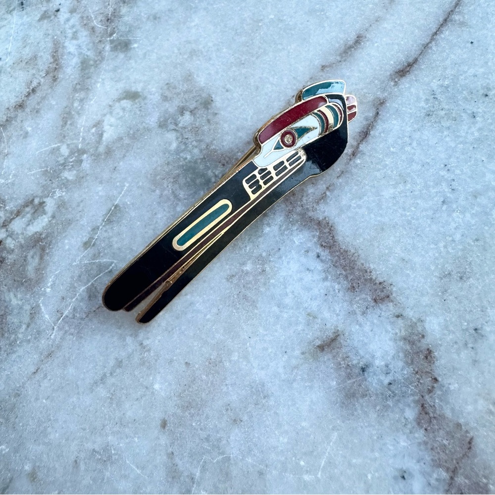 Vintage Enamel Bird Totem Pin Brooch in Black, Red, Teal and Gold
